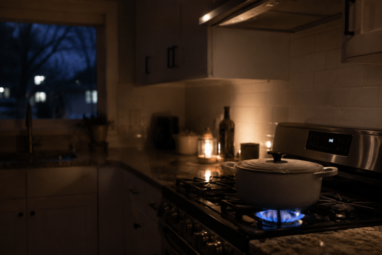 Natural gas stove operating during a power outage with a blue burner flame heating a pot in a dark kitchen illuminated by candlelight, demonstrating blackout cooking and emergency preparedness.