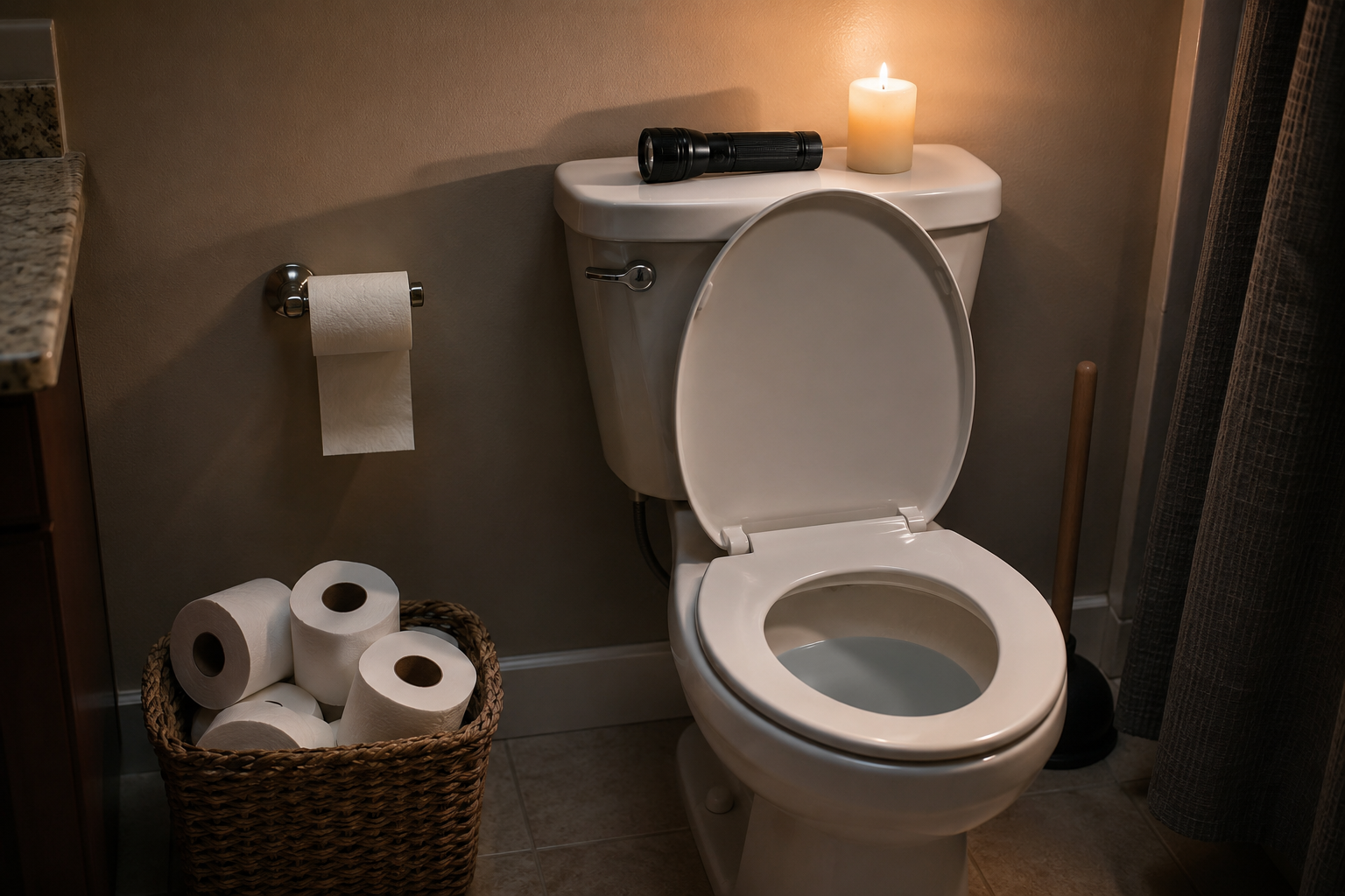 Standard household toilet illuminated by emergency candlelight during a power outage, showing a residential bathroom prepared for a blackout and potential water service disruptions.