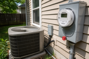 Residential home's outdoor air conditioning unit beside an electric meter during a hot summer day, illustrating increased household electricity use and peak energy demand during extreme heat.