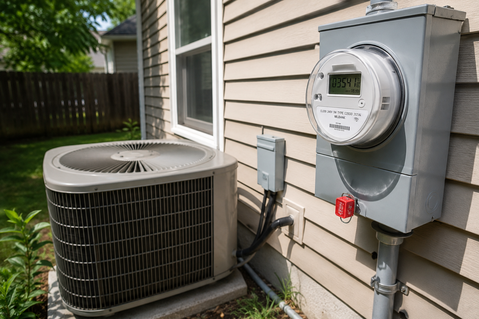Residential home's outdoor air conditioning unit beside an electric meter during a hot summer day, illustrating increased household electricity use and peak energy demand during extreme heat.