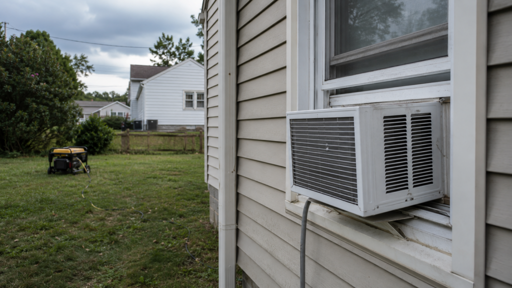 Window air conditioner installed in a house window with a portable generator operating safely outside during a power outage.