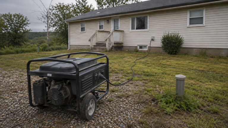 Portable generator connected to a rural home near a capped private water well.