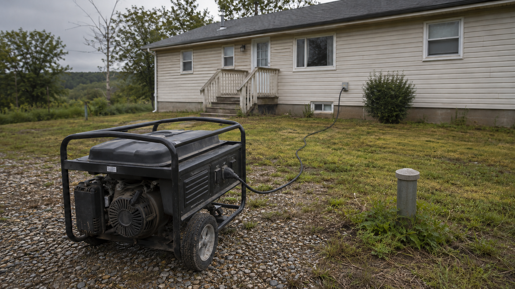 Portable generator connected to a rural home near a capped private water well.