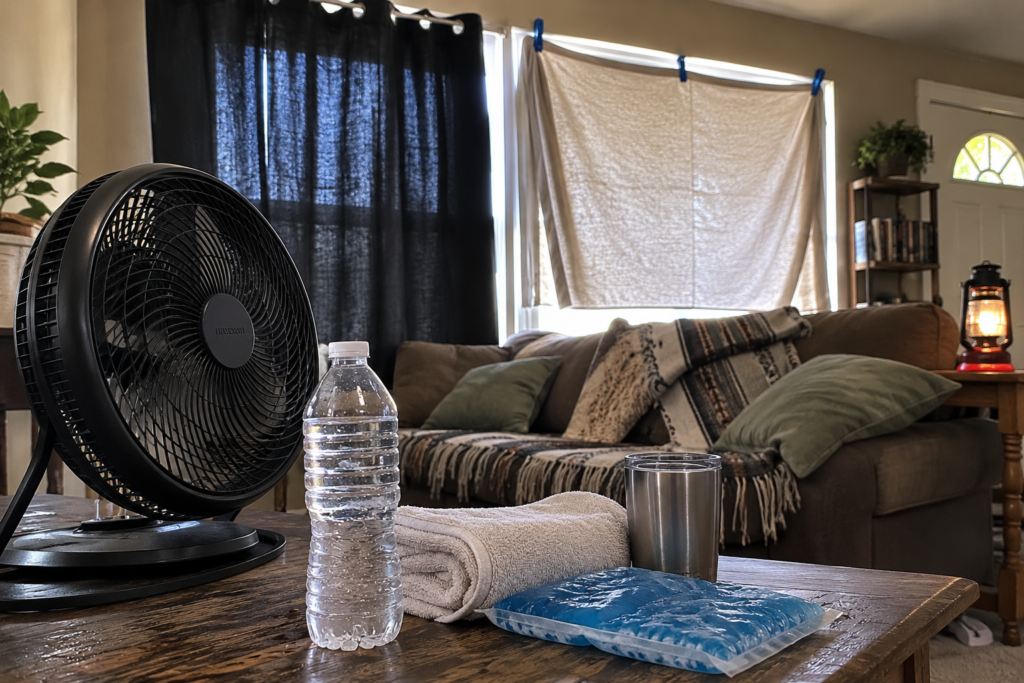 Living room prepared for a summer power outage with blackout curtains, a battery-powered fan, bottled water, cooling towel, ice pack, and lantern arranged to help keep the home cooler without air conditioning.