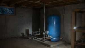 Blue well pressure tank and plumbing illuminated by a flashlight in a dark basement during a power outage.
