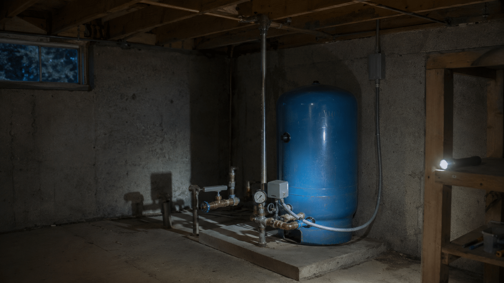 Blue well pressure tank and plumbing illuminated by a flashlight in a dark basement during a power outage.