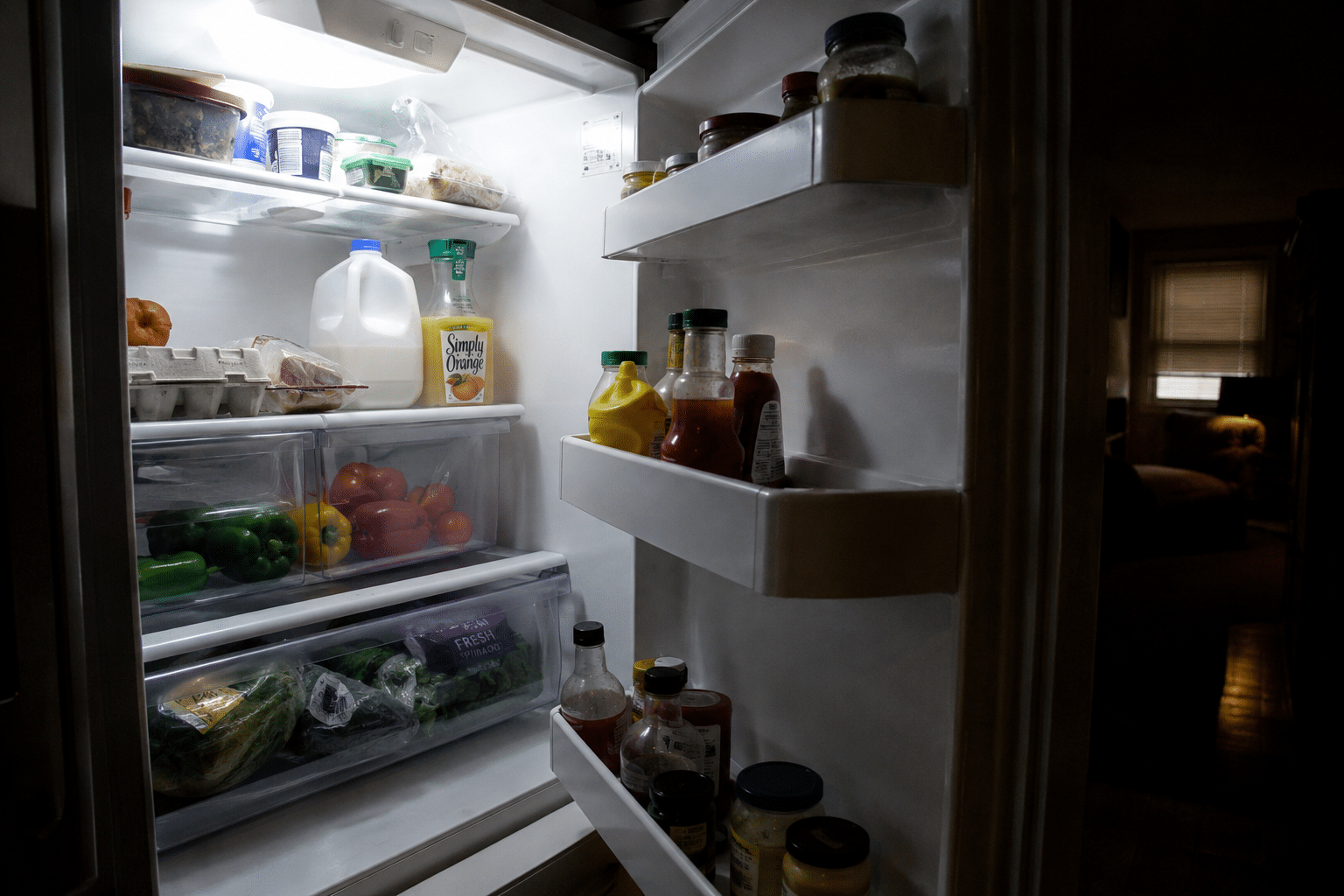 Open household refrigerator filled with fresh food, milk, eggs, vegetables, leftovers, and condiments during a nighttime power outage, illustrating food safety and cold storage preparedness.