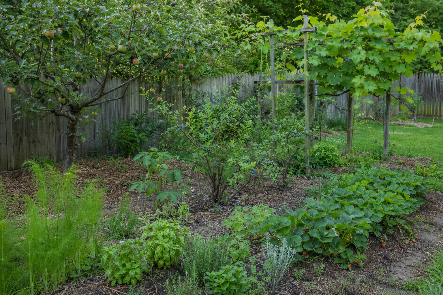 Established backyard perennial food garden with an apple tree, grapevine, blueberry bushes, strawberries, asparagus, and herbs