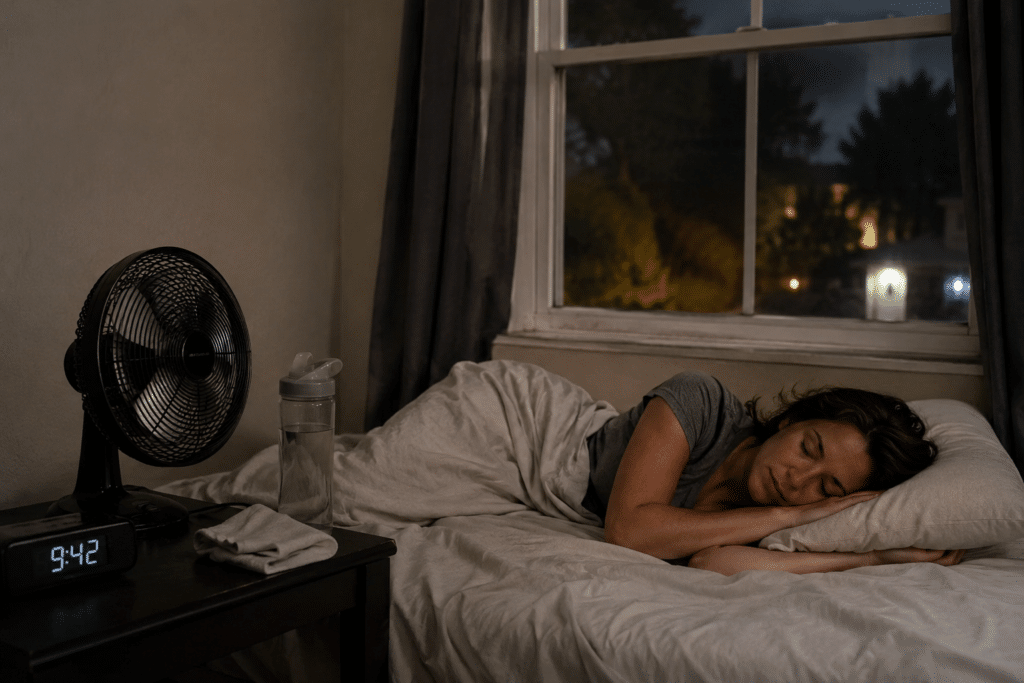 Person sleeping comfortably in a bedroom during a nighttime power outage with a battery-powered fan, lightweight bedding, and an open window to improve airflow without air conditioning.