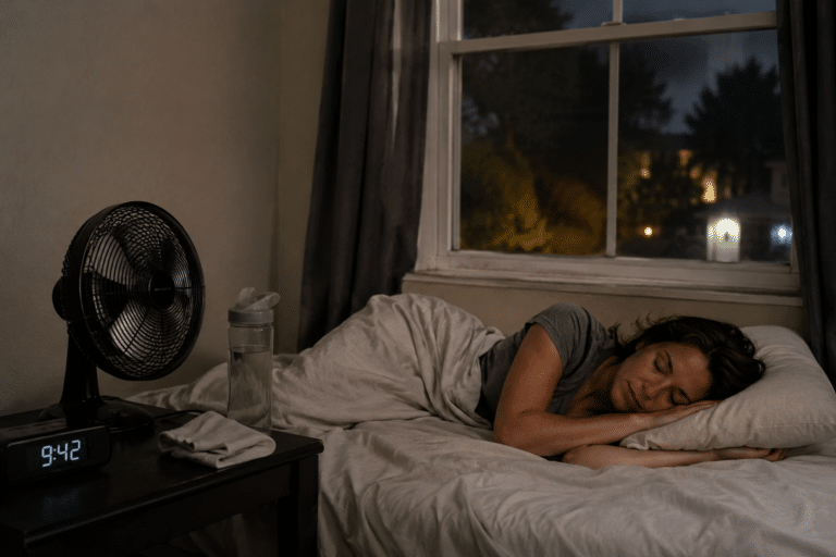 Person sleeping comfortably in a bedroom during a nighttime power outage with a battery-powered fan, lightweight bedding, and an open window to improve airflow without air conditioning.