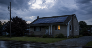 Rooftop solar panels on a home during a neighborhood power outage after a storm.