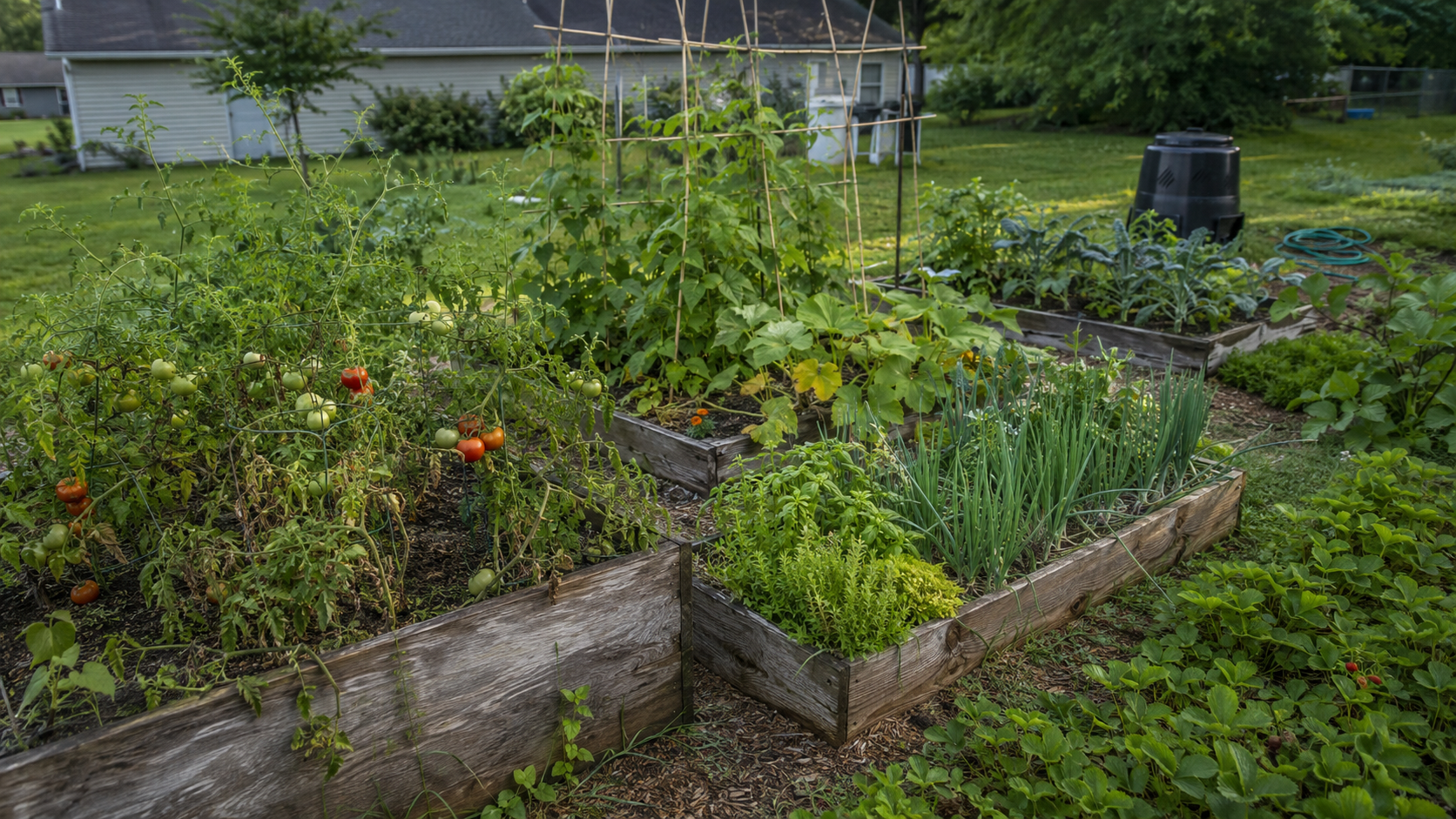 Self-sufficient backyard garden with raised beds growing tomatoes, beans, onions, herbs, and other vegetables for a family of four.
