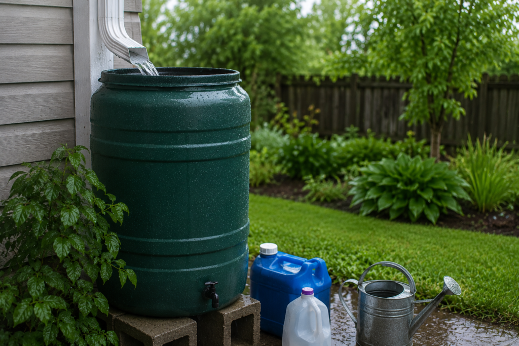 Rainwater flowing from a home's gutter downspout into a large green rain barrel during a rainstorm, with emergency water containers nearby in a backyard emergency rainwater harvesting setup.