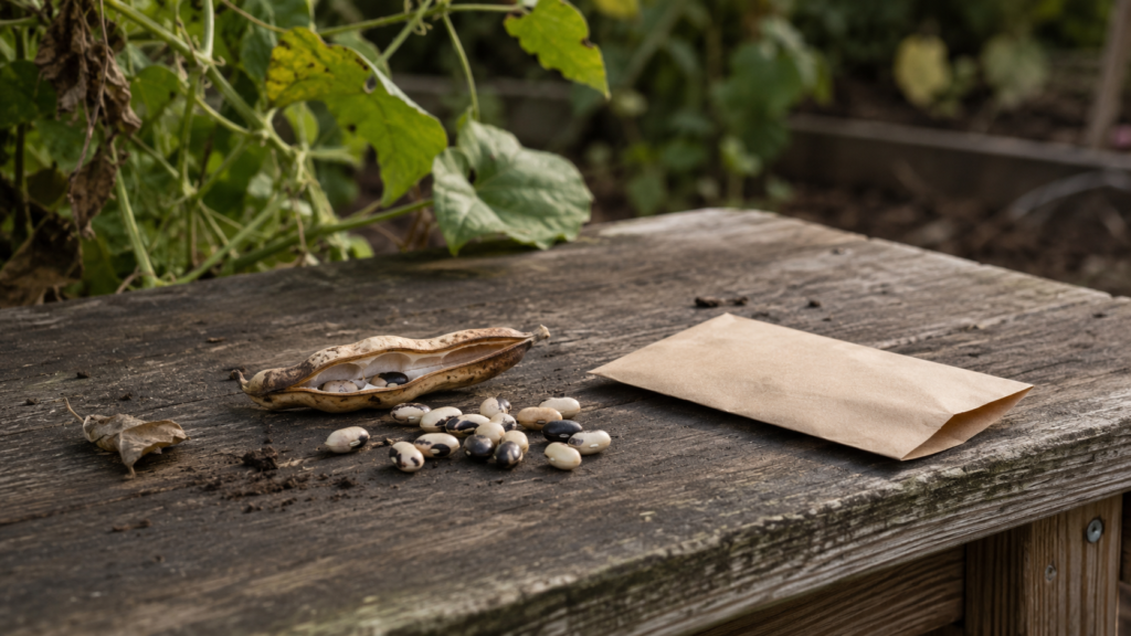 Dried bean pod and saved vegetable seeds beside a paper envelope on a weathered garden bench.