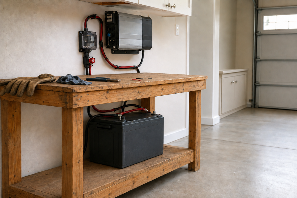Residential 12V deep-cycle battery connected to a compact inverter beneath a wooden garage workbench with gloves and small tools on top.