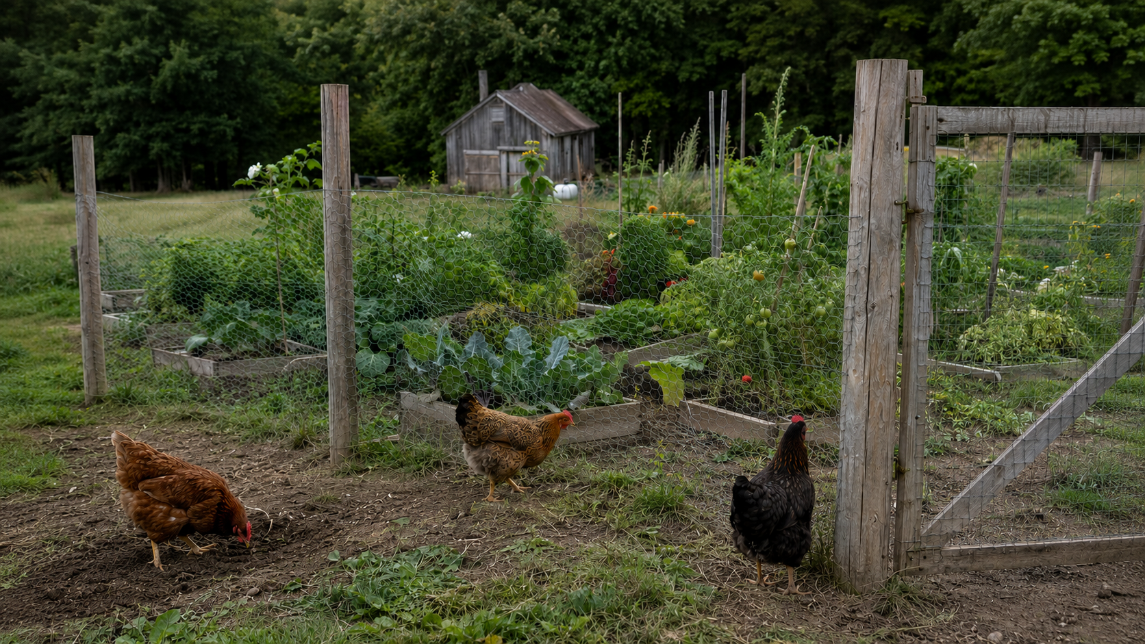 Three free-range chickens standing outside a wire fence surrounding a backyard vegetable garden.