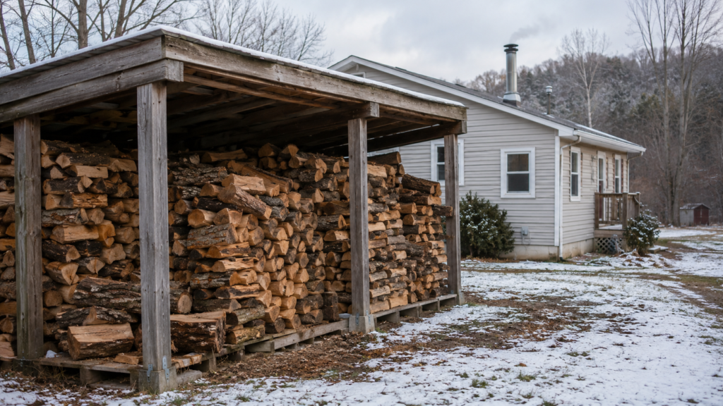 Stacked seasoned firewood under a covered woodshed beside a rural home during winter.