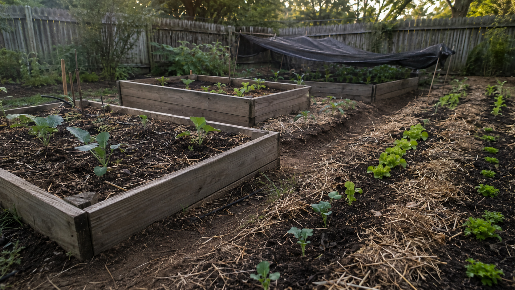 Young fall vegetables growing in raised beds under shade cloth during August in a Zone 7 backyard garden.