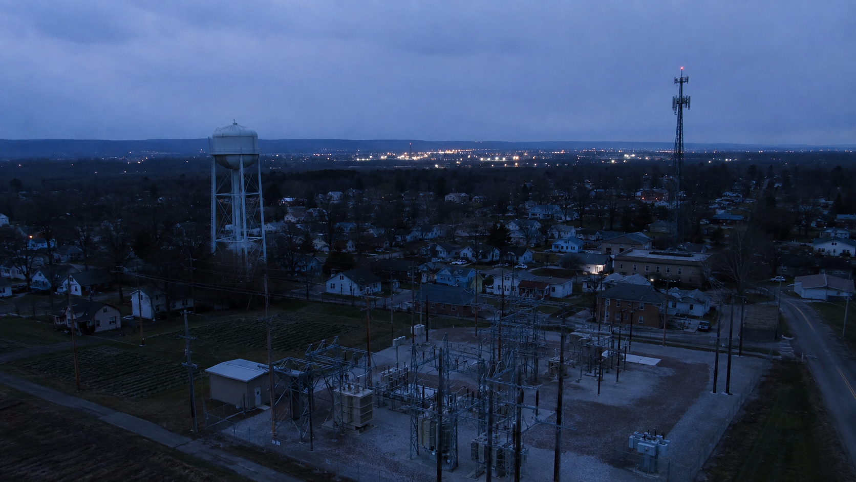 Electrical substation, municipal water tower, and cell tower overlooking a town during a localized infrastructure outage.