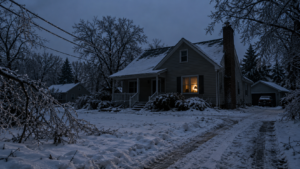 A dark rural home surrounded by snow and ice during a winter power outage with one room lit by a battery lantern.