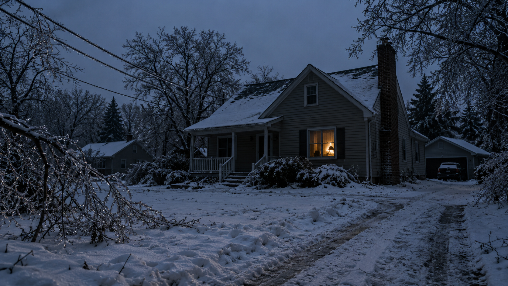 A dark rural home surrounded by snow and ice during a winter power outage with one room lit by a battery lantern.