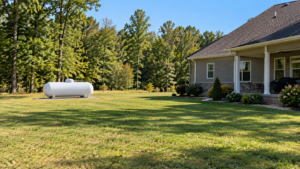 Large white 500-gallon propane storage tank in a grassy backyard, positioned away from a rural house for long-term power outage preparedness.