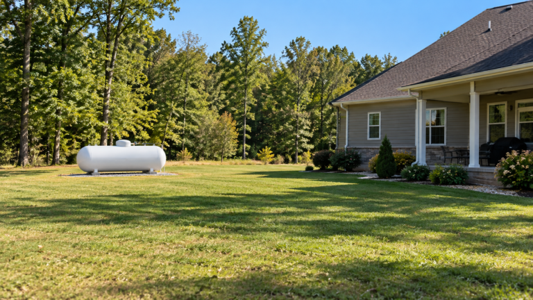 Large white 500-gallon propane storage tank in a grassy backyard, positioned away from a rural house for long-term power outage preparedness.