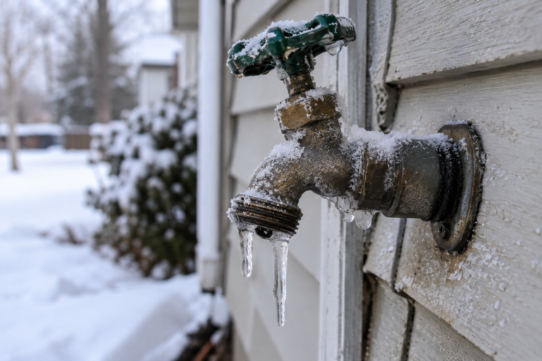 Frozen outdoor water faucet attached to a house with frost and icicles during winter, illustrating how to keep pipes from freezing during a power outage.