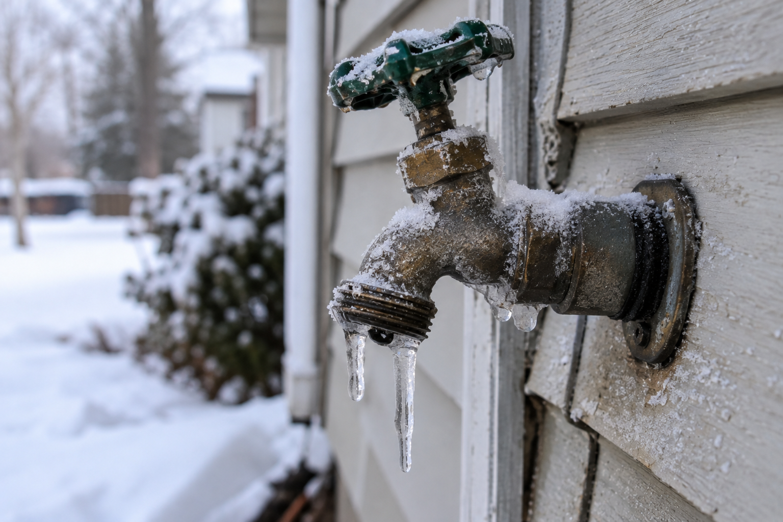 Frozen outdoor water faucet attached to a house with frost and icicles during winter, illustrating how to keep pipes from freezing during a power outage.
