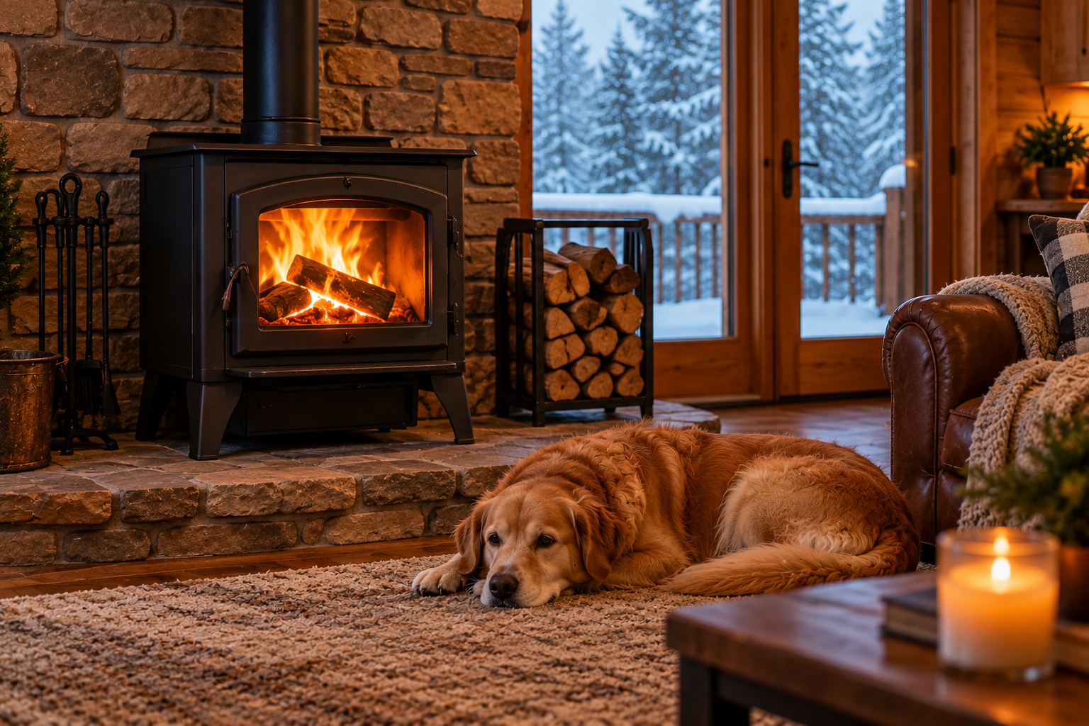 Wood-burning stove heating a cozy cabin living room during a winter power outage, with a golden retriever resting on a rug and snow-covered trees visible outside.
